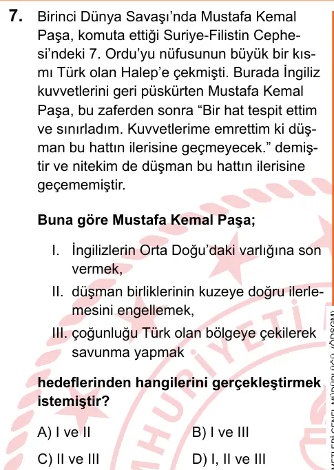 LGS 2025 Sözel T.C. İnkılap Tarihi ve Atatürkçülük 7. Soru görseli