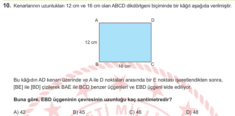 LGS 2026 Sayısal Matematik 10. Soru görseli