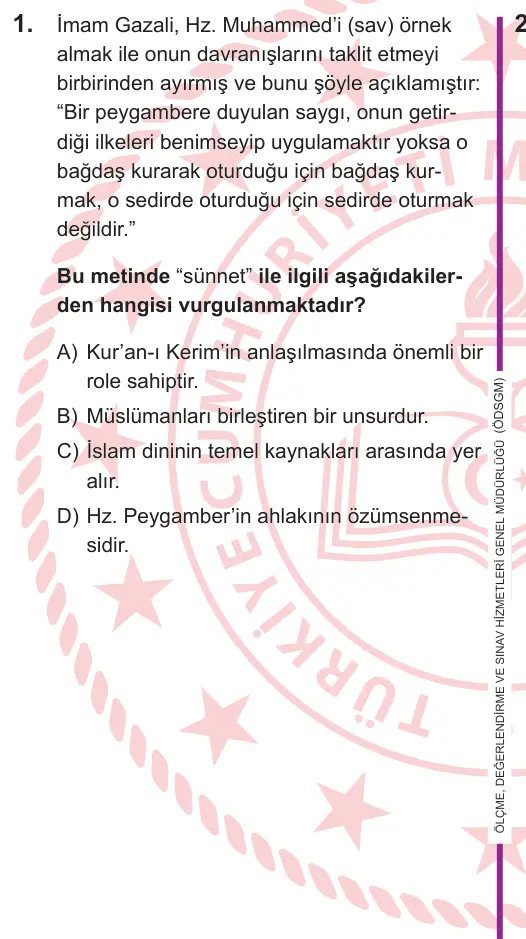LGS 2026 Sözel Din Kültürü ve Ahlak Bilgisi 1. Soru görseli