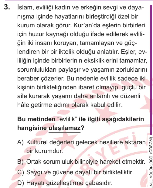 LGS 2026 Sözel Din Kültürü ve Ahlak Bilgisi 3. Soru görseli