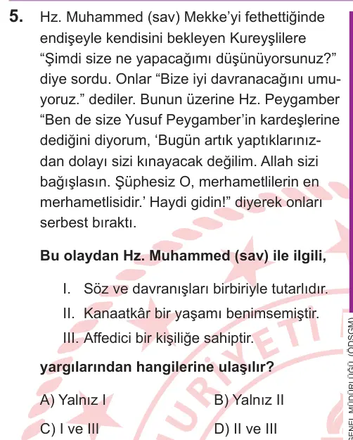 LGS 2026 Sözel Din Kültürü ve Ahlak Bilgisi 5. Soru görseli