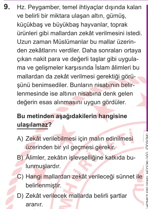 LGS 2026 Sözel Din Kültürü ve Ahlak Bilgisi 9. Soru görseli