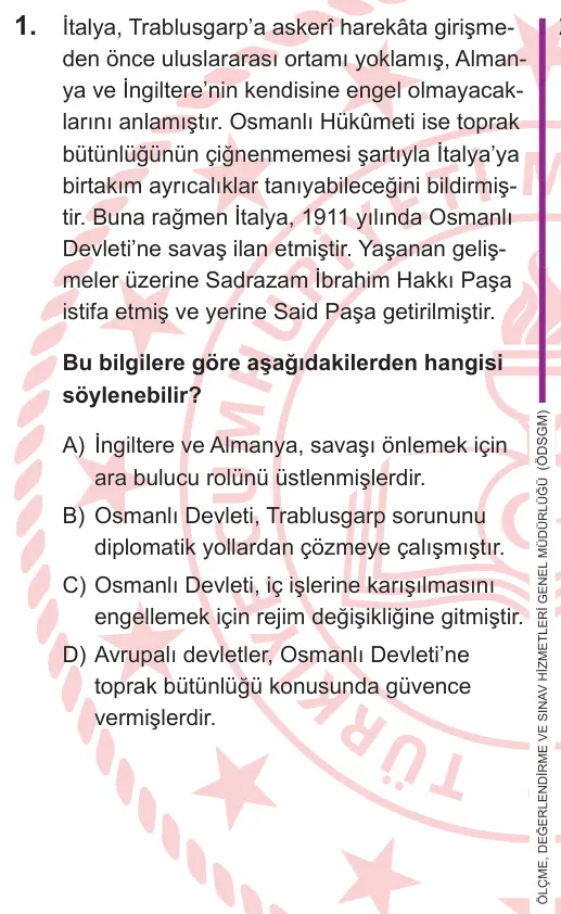 LGS 2026 Sözel T.C. İnkılap Tarihi ve Atatürkçülük 1. Soru görseli