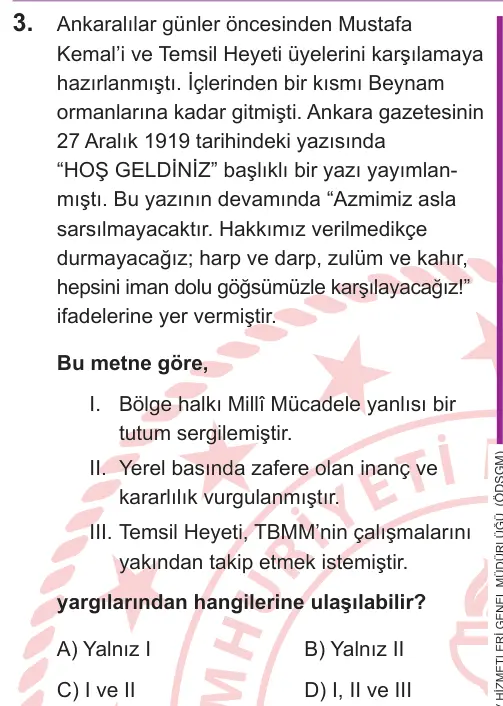 LGS 2026 Sözel T.C. İnkılap Tarihi ve Atatürkçülük 3. Soru görseli