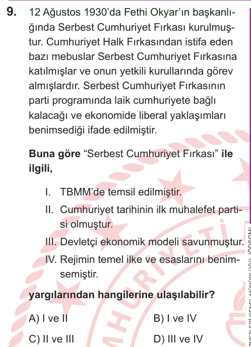 LGS 2026 Sözel T.C. İnkılap Tarihi ve Atatürkçülük 9. Soru görseli