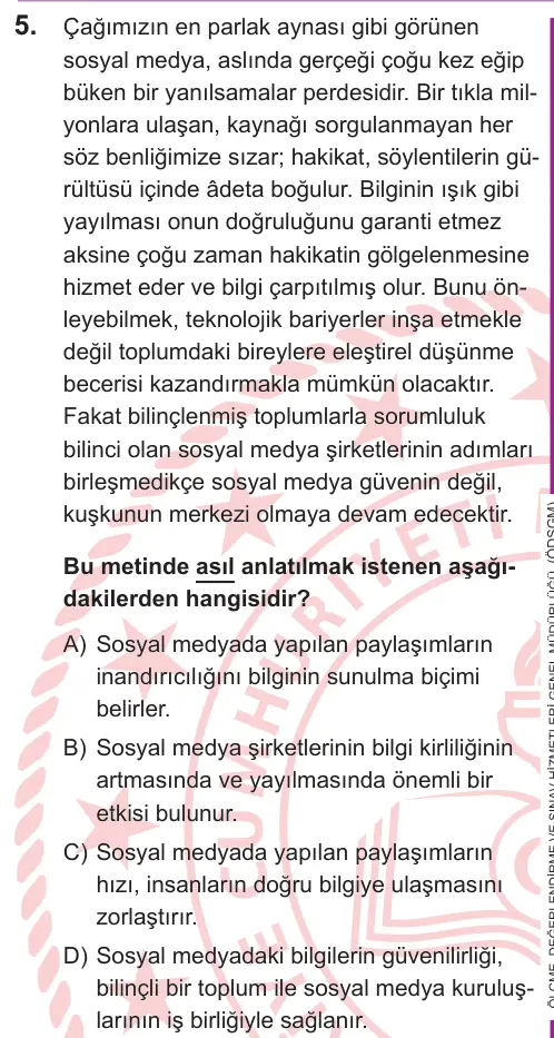 LGS 2026 Sözel Türkçe 5. Soru görseli