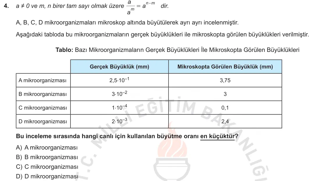 LGS Örnek Soruları Aralık 2018 Sayısal Matematik 4. Soru görseli