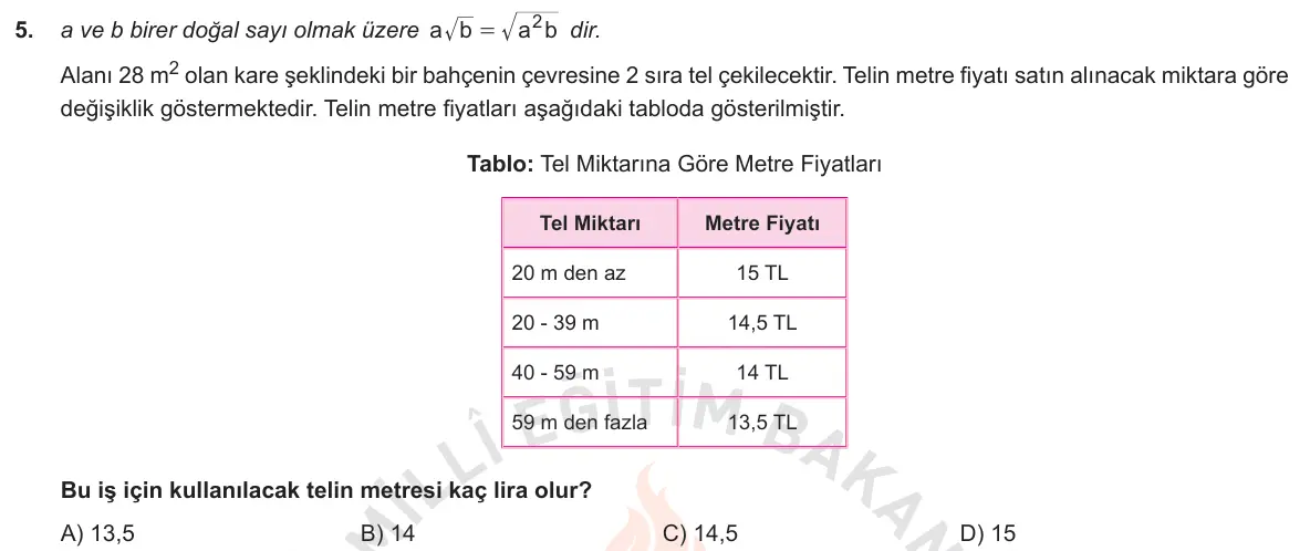 LGS Örnek Soruları Aralık 2018 Sayısal Matematik 5. Soru görseli