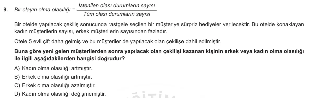 LGS Örnek Soruları Aralık 2018 Sayısal Matematik 9. Soru görseli