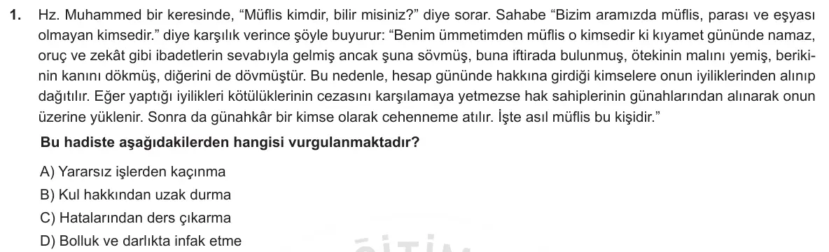 LGS Örnek Soruları Aralık 2018 Sözel Din Kültürü ve Ahlak Bilgisi 1. Soru görseli