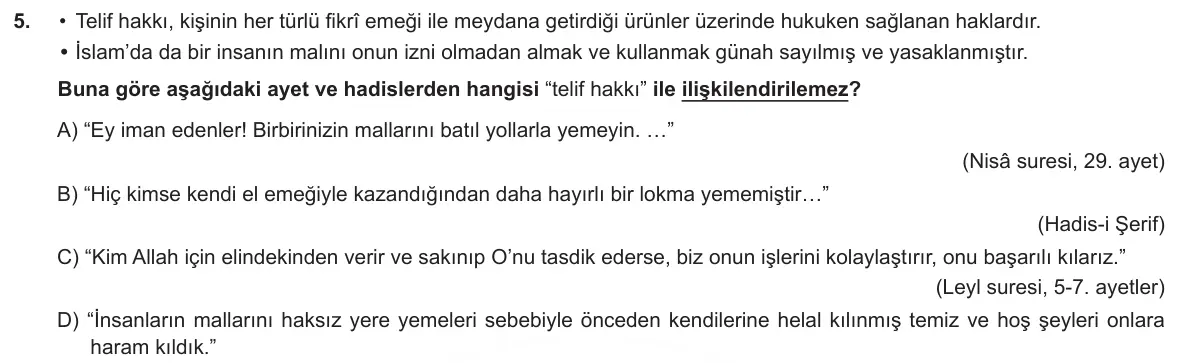 LGS Örnek Soruları Aralık 2018 Sözel Din Kültürü ve Ahlak Bilgisi 5. Soru görseli