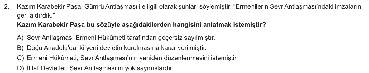 LGS Örnek Soruları Aralık 2018 Sözel T.C. İnkılap Tarihi ve Atatürkçülük 2. Soru görseli