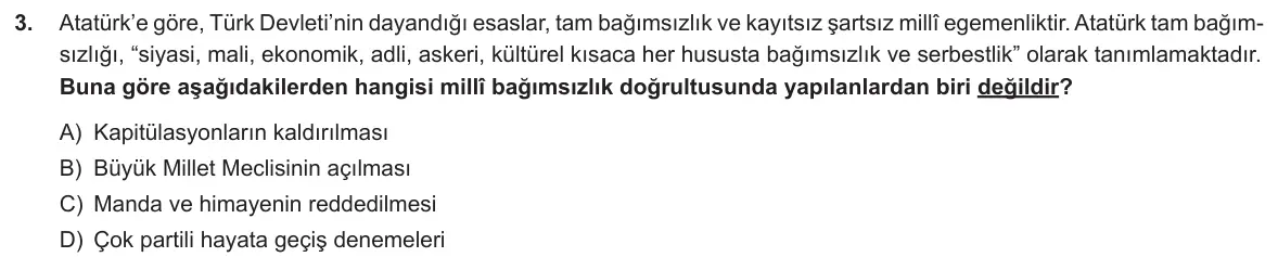 LGS Örnek Soruları Aralık 2018 Sözel T.C. İnkılap Tarihi ve Atatürkçülük 3. Soru görseli