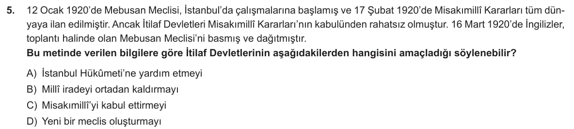 LGS Örnek Soruları Aralık 2018 Sözel T.C. İnkılap Tarihi ve Atatürkçülük 5. Soru görseli