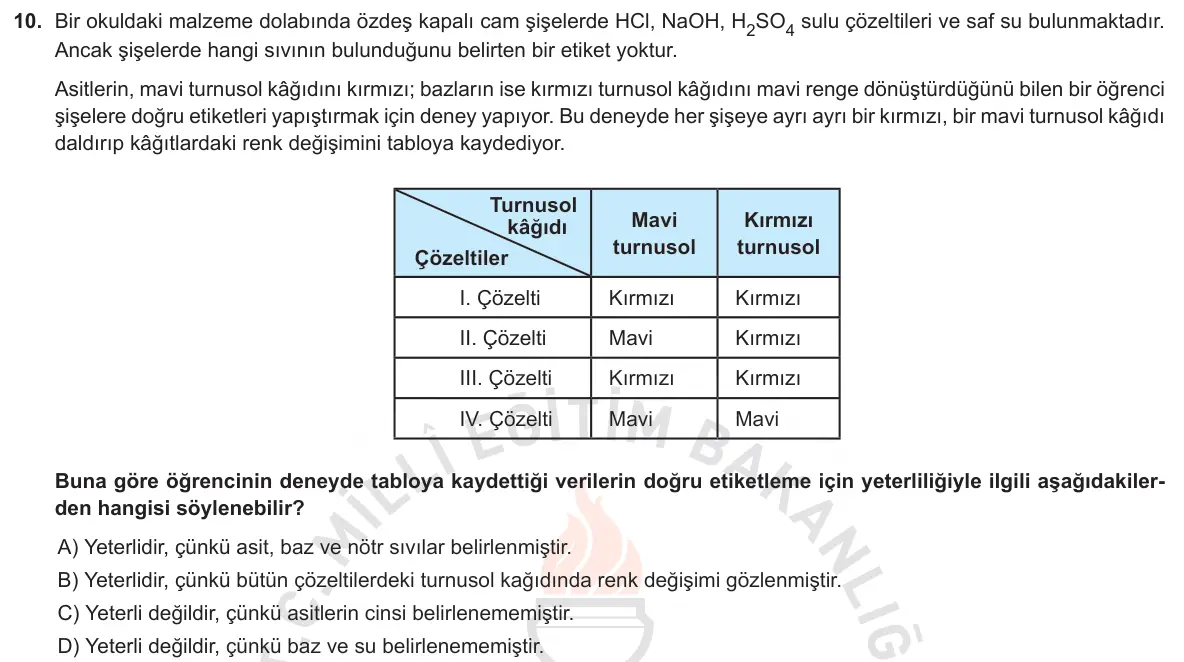 LGS Örnek Soruları Ekim 2018 Sayısal Fen Bilimleri 10. Soru görseli