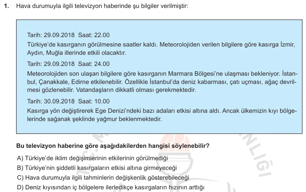 LGS Örnek Soruları Ekim 2018 Sayısal Fen Bilimleri 1. Soru görseli