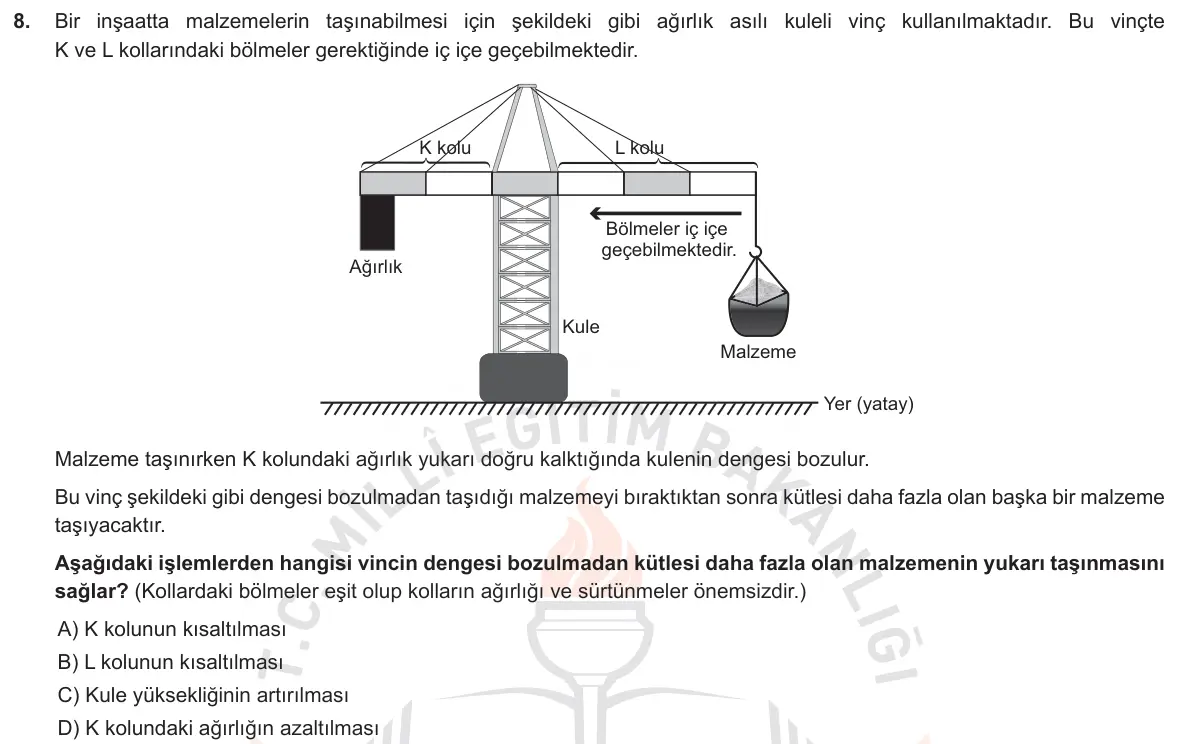 LGS Örnek Soruları Ekim 2018 Sayısal Fen Bilimleri 8. Soru görseli