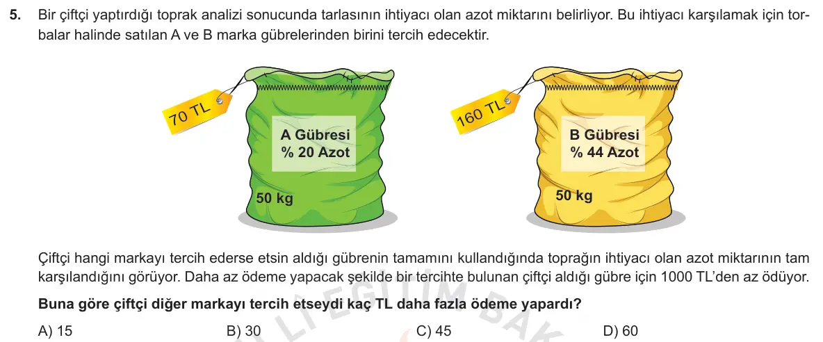 LGS Örnek Soruları Ekim 2018 Sayısal Matematik 5. Soru görseli