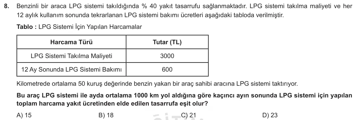 LGS Örnek Soruları Ekim 2018 Sayısal Matematik 8. Soru görseli