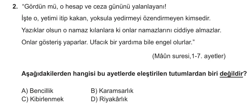 LGS Örnek Soruları Ekim 2018 Sözel Din Kültürü ve Ahlak Bilgisi 2. Soru görseli