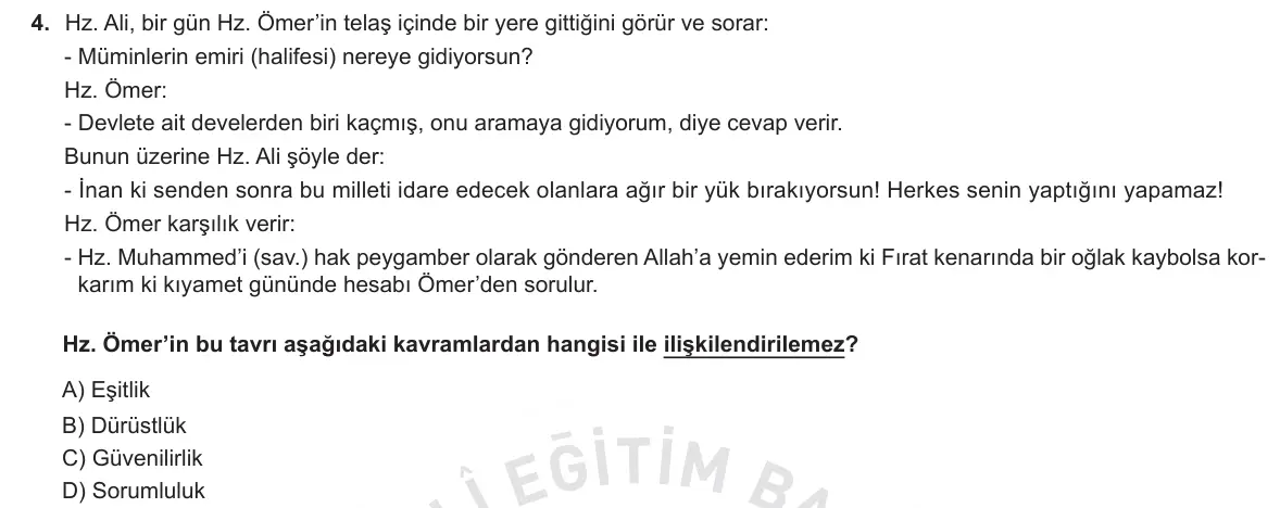 LGS Örnek Soruları Ekim 2018 Sözel Din Kültürü ve Ahlak Bilgisi 4. Soru görseli