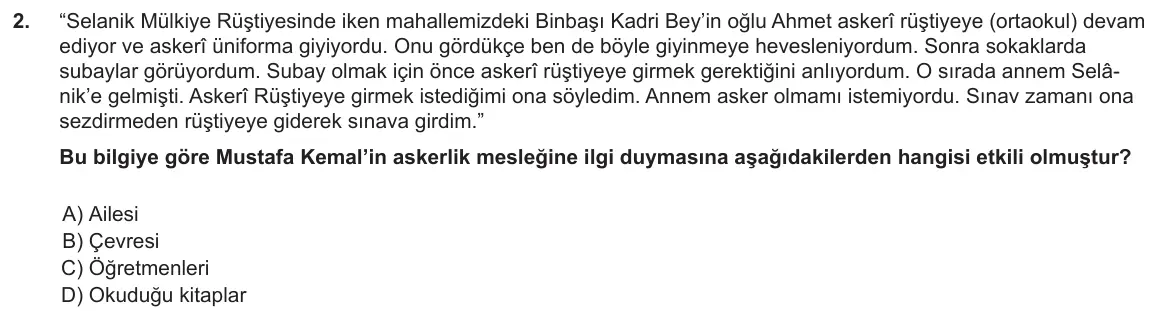 LGS Örnek Soruları Ekim 2018 Sözel T.C. İnkılap Tarihi ve Atatürkçülük 2. Soru görseli