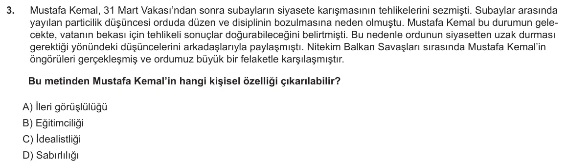 LGS Örnek Soruları Ekim 2018 Sözel T.C. İnkılap Tarihi ve Atatürkçülük 3. Soru görseli