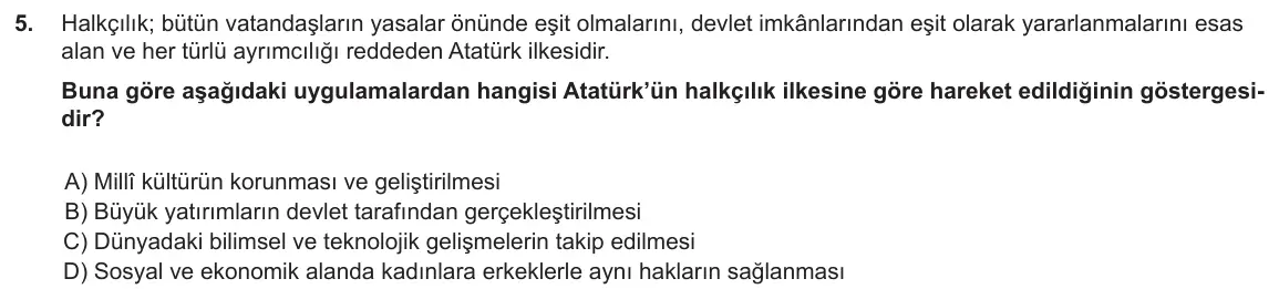 LGS Örnek Soruları Ekim 2018 Sözel T.C. İnkılap Tarihi ve Atatürkçülük 5. Soru görseli