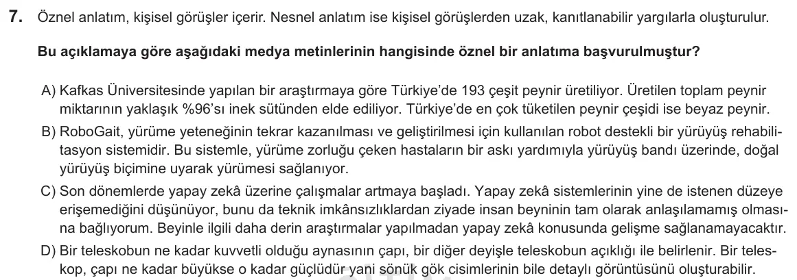 LGS Örnek Soruları Ekim 2018 Sözel Türkçe 7. Soru görseli