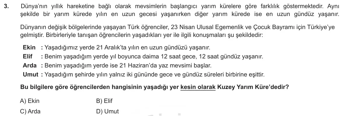 LGS Örnek Soruları Kasım 2018 Sayısal Fen Bilimleri 3. Soru görseli