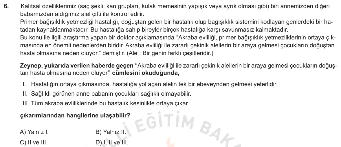 LGS Örnek Soruları Kasım 2018 Sayısal Fen Bilimleri 6. Soru görseli