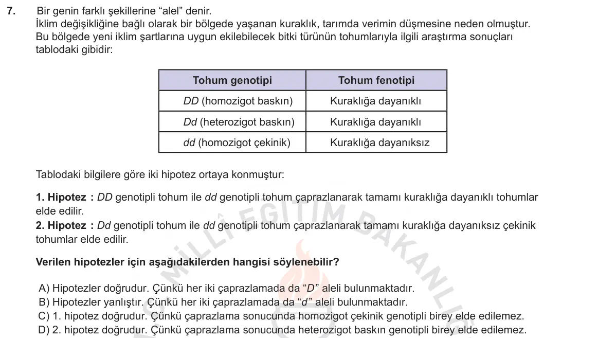 LGS Örnek Soruları Kasım 2018 Sayısal Fen Bilimleri 7. Soru görseli