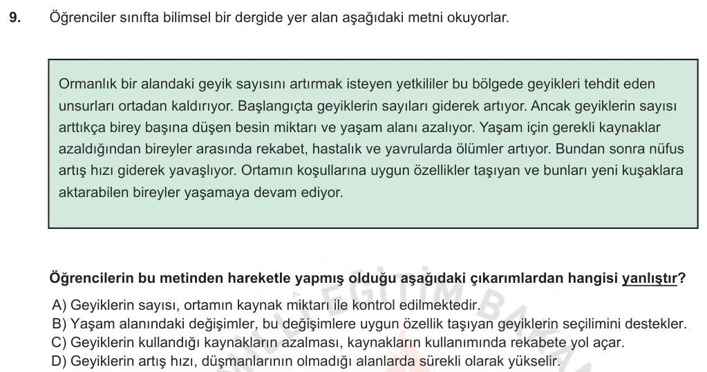 LGS Örnek Soruları Kasım 2018 Sayısal Fen Bilimleri 9. Soru görseli