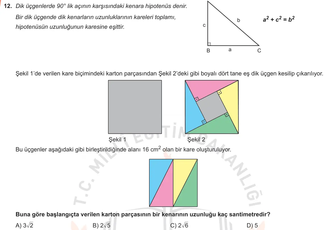 LGS Örnek Soruları Kasım 2018 Sayısal Matematik 12. Soru görseli