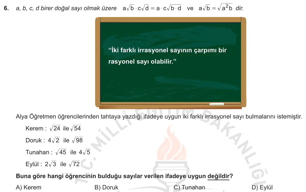 LGS Örnek Soruları Kasım 2018 Sayısal Matematik 6. Soru görseli