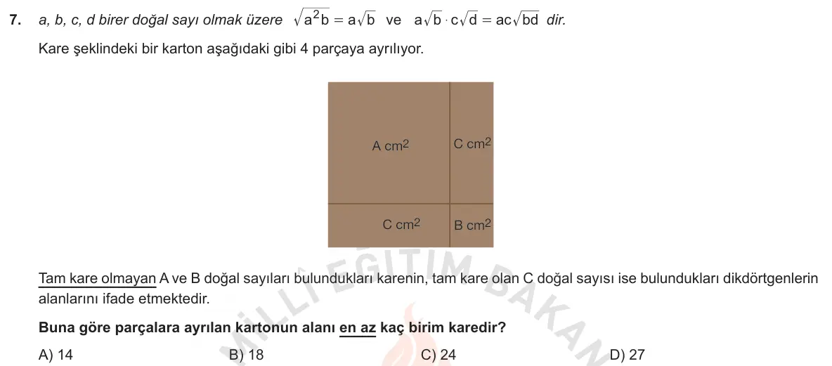 LGS Örnek Soruları Kasım 2018 Sayısal Matematik 7. Soru görseli