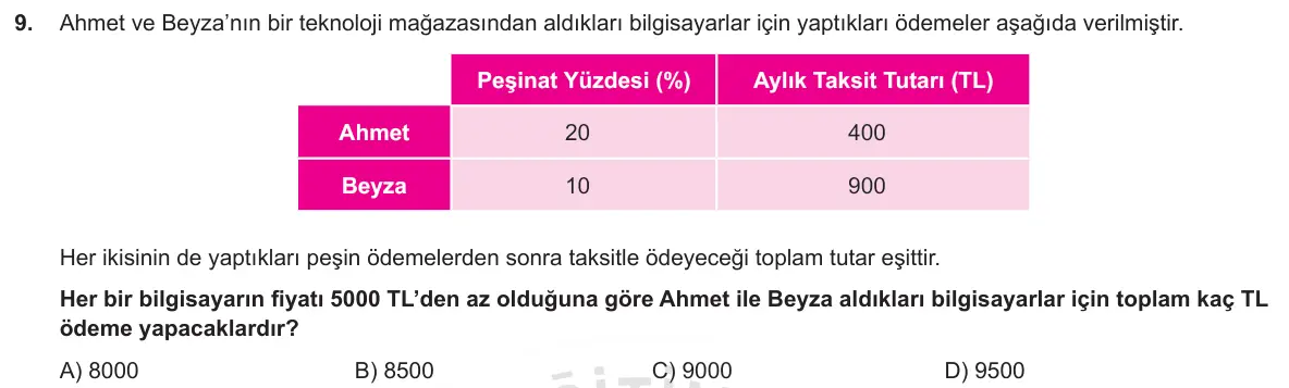 LGS Örnek Soruları Kasım 2018 Sayısal Matematik 9. Soru görseli (1/2)