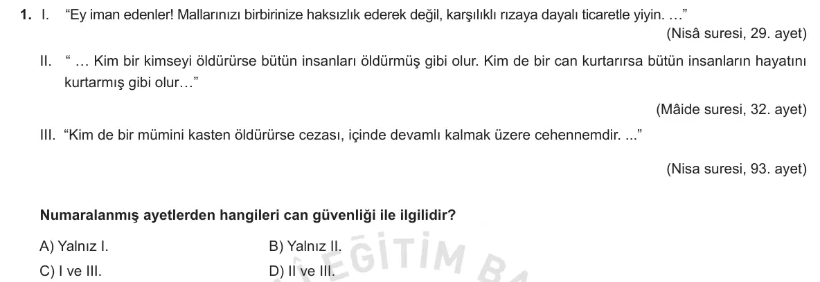 LGS Örnek Soruları Kasım 2018 Sözel Din Kültürü ve Ahlak Bilgisi 1. Soru görseli