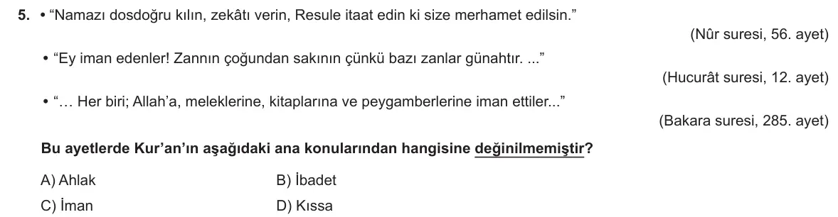 LGS Örnek Soruları Kasım 2018 Sözel Din Kültürü ve Ahlak Bilgisi 5. Soru görseli