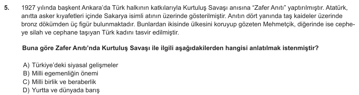 LGS Örnek Soruları Kasım 2018 Sözel T.C. İnkılap Tarihi ve Atatürkçülük 5. Soru görseli