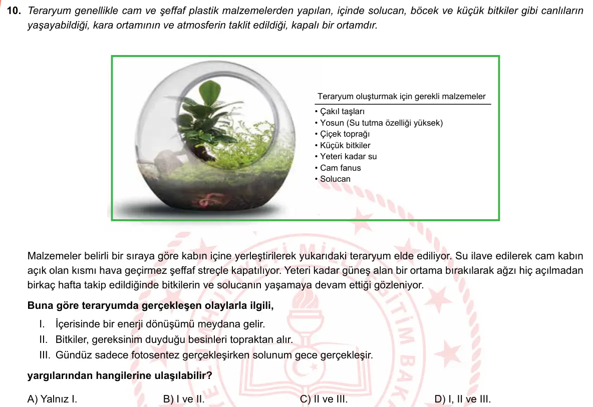 LGS Örnek Soruları Mart 2019 Sayısal Fen Bilimleri 10. Soru görseli