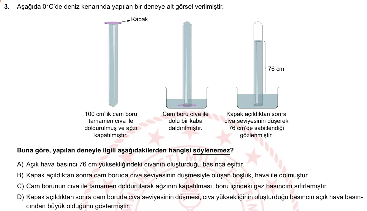 LGS Örnek Soruları Mart 2019 Sayısal Fen Bilimleri 3. Soru görseli
