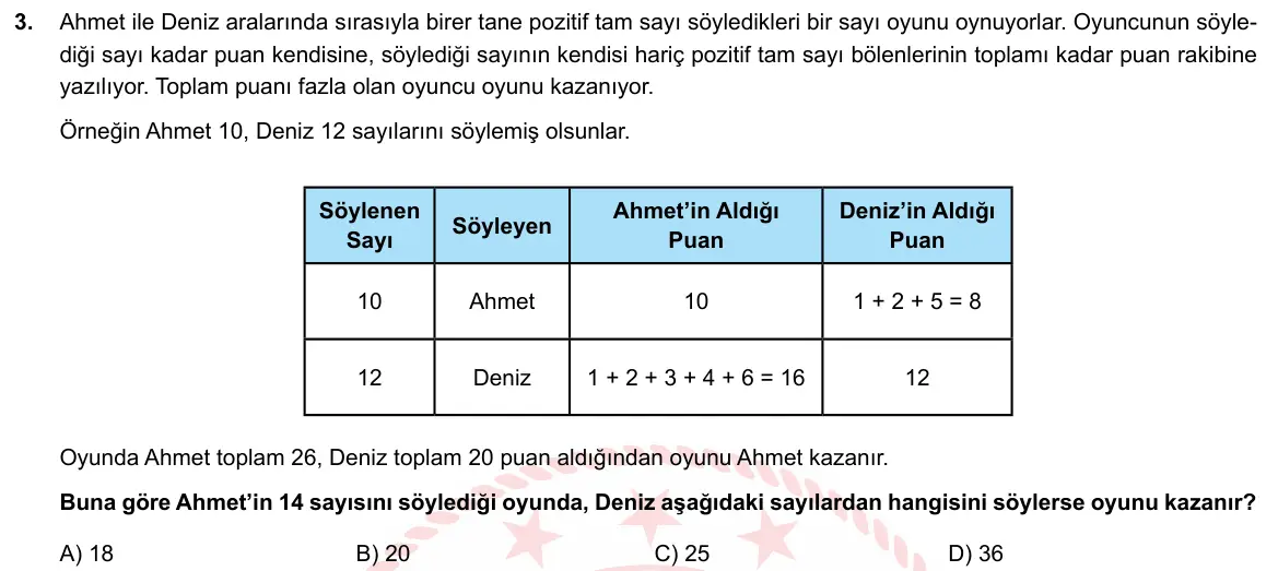 LGS Örnek Soruları Mart 2019 Sayısal Matematik 3. Soru görseli