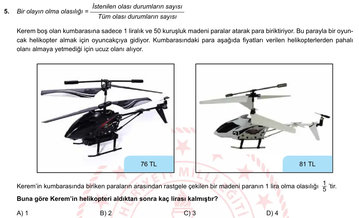 LGS Örnek Soruları Mart 2019 Sayısal Matematik 5. Soru görseli