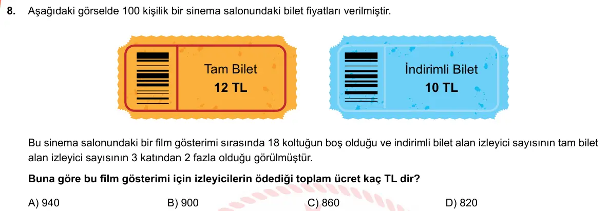 LGS Örnek Soruları Mart 2019 Sayısal Matematik 8. Soru görseli