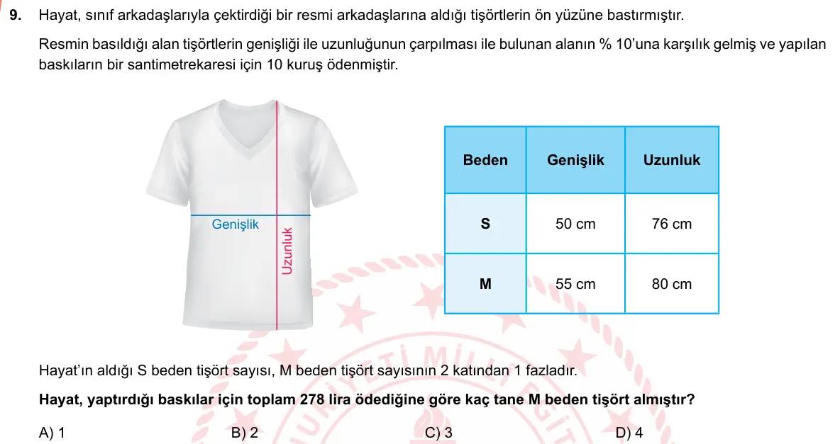 LGS Örnek Soruları Mart 2019 Sayısal Matematik 9. Soru görseli
