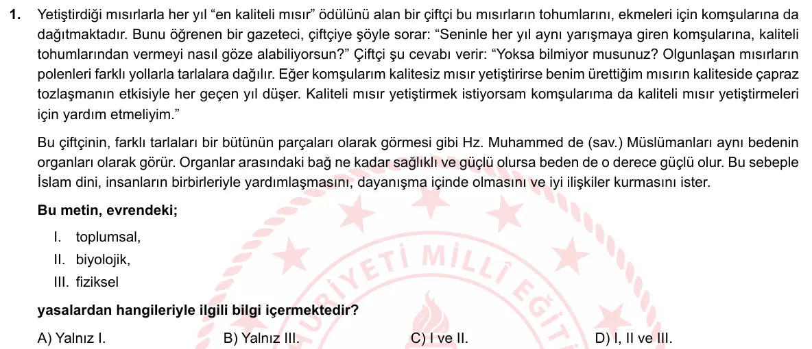LGS Örnek Soruları Mart 2019 Sözel Din Kültürü ve Ahlak Bilgisi 1. Soru görseli
