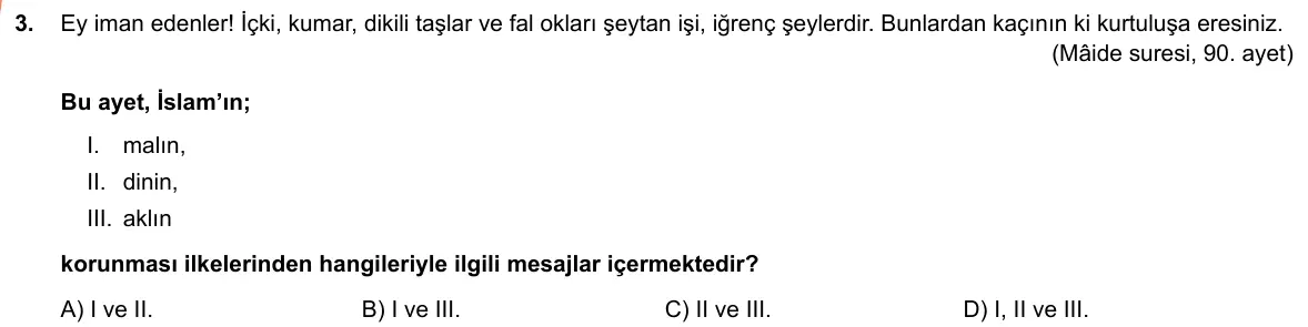 LGS Örnek Soruları Mart 2019 Sözel Din Kültürü ve Ahlak Bilgisi 3. Soru görseli