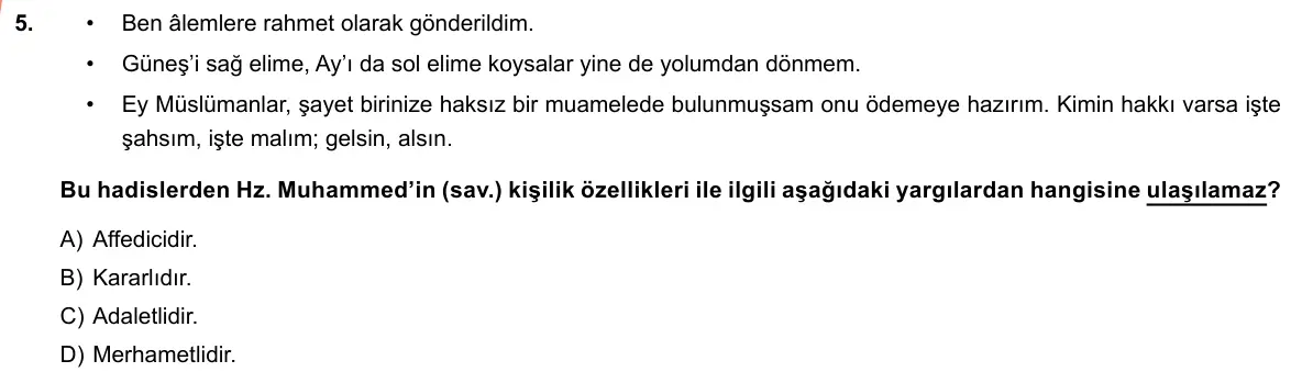 LGS Örnek Soruları Mart 2019 Sözel Din Kültürü ve Ahlak Bilgisi 5. Soru görseli