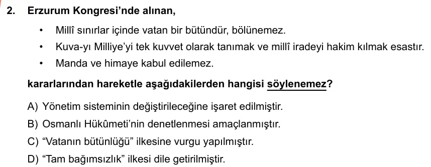 LGS Örnek Soruları Mart 2019 Sözel T.C. İnkılap Tarihi ve Atatürkçülük 2. Soru görseli